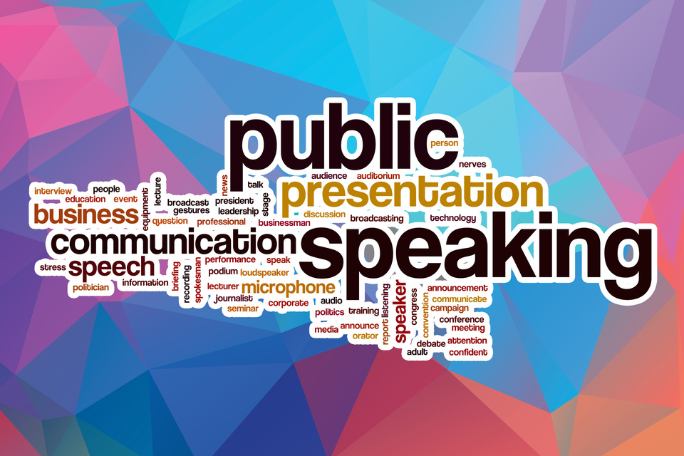 Public speaking word cloud with abstract background